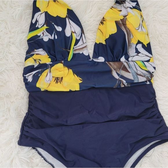 Navy floral deep v-neck backless women monokini one-piece sexy halter #16 - Picture 8 of 9